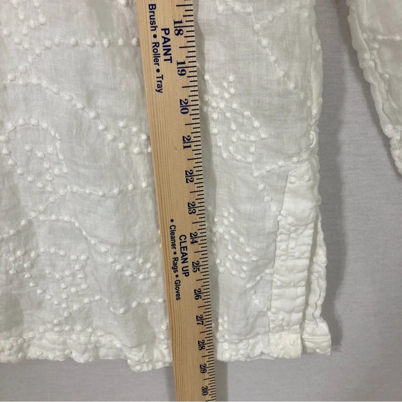 120% Lino White Y Neck Linen Side Slit Embroidered Dot Blouse size US 10 - Picture 6 of 12